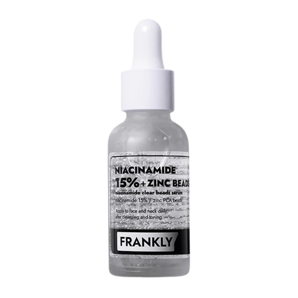 Produktbilde av FRANKLY Niacinamide 15% + Zinc Beads Serum i glassflaske med pipette. Et serum som balanserer, beroliger og forbedrer hudens klarhet.