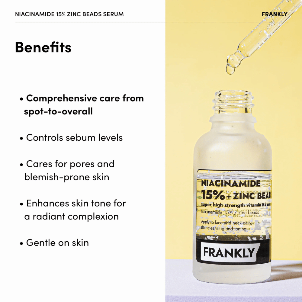 Flaske med FRANKLY Niacinamide 15% + Zinc Beads Serum på gul bakgrunn. Tekst listar Fordeler: balanserer talg, reduserer porer og jevner hudtonen.