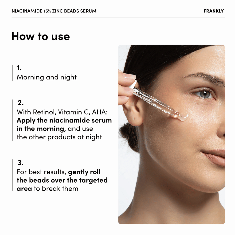 Kvinne påfører FRANKLY Niacinamide 15% + Zinc Beads Serum med pipette på kinnet. Tekst forklarer bruk morgen og kveld samt forsiktig massering av perler.
