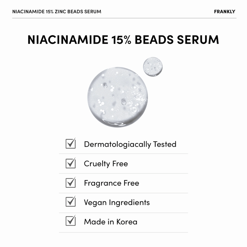 Klar gel med hvite perler i FRANKLY Niacinamide 15% + Zinc Beads Serum. Tekst viser at produktet er vegansk, parfymefri og dermatologisk testet.