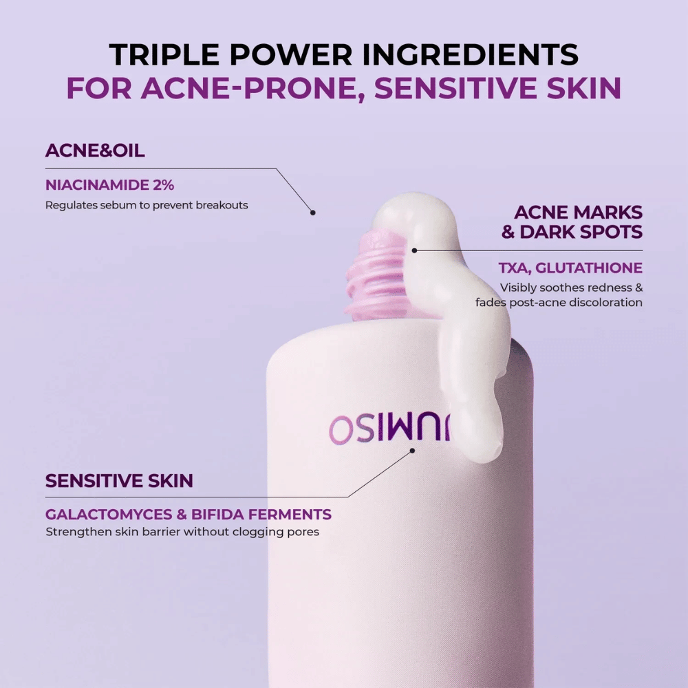 Infografikk som presenterer produktets nøkkelingredienser og deres funksjoner. Niacinamid bidrar til å regulere talgproduksjonen, traneksamsyre og glutation bidrar til en jevnere hudtone, mens galactomyces og bifida-ferment styrker hudbarrieren.