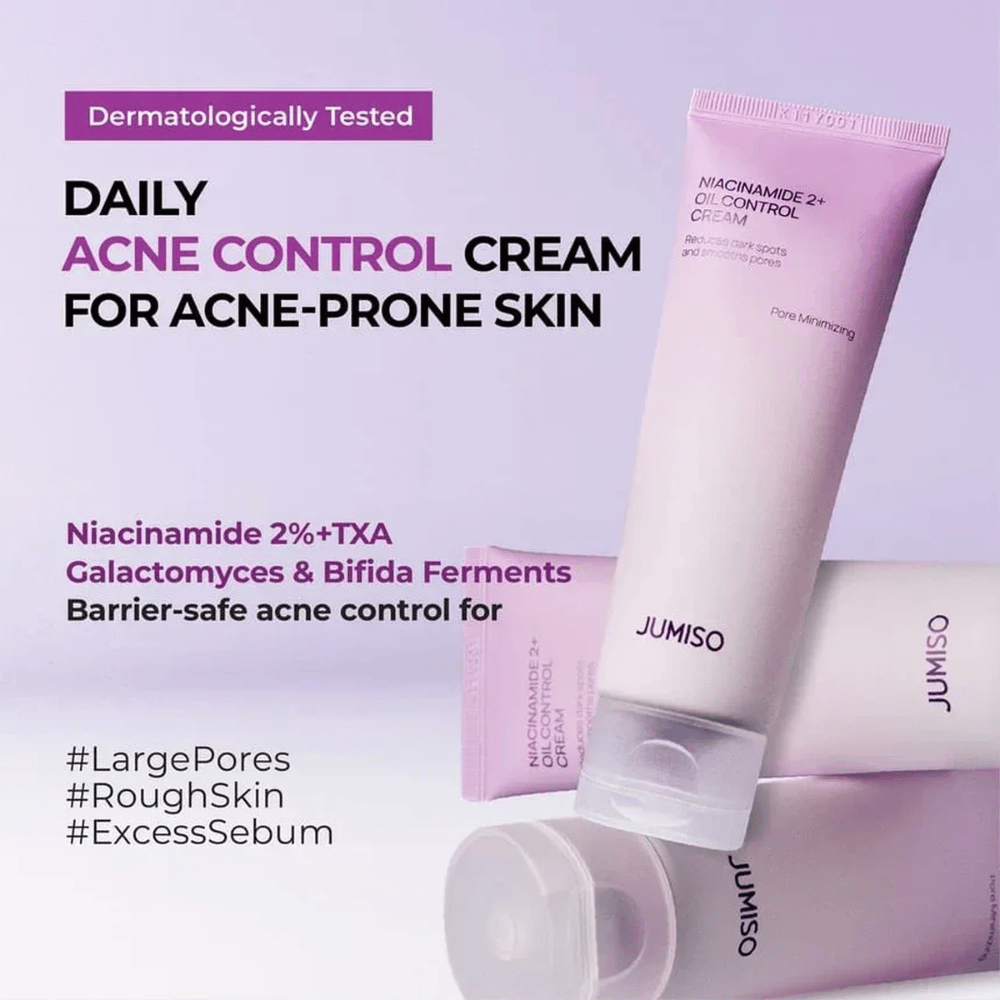 Markedsføringsbilde av JUMISO Niacinamide 2+ Oil Control Cream med fokus på daglig pleie for akneutsatt hud. Teksten beskriver ingredienser som niacinamid, traneksamsyre, galactomyces og bifida-ferment som bidrar til å kontrollere talg og styrke hudbarrieren.