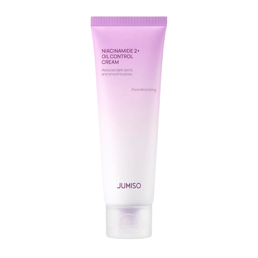 Produktbilde av JUMISO Niacinamide 2+ Oil Control Cream på lys bakgrunn. Den rosa og hvite tuben fremhever produktets fokus på talgkontroll, poreminimering og forbedret hudtone for fet og kombinert hud.