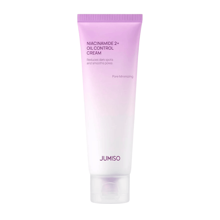 Produktbilde av JUMISO Niacinamide 2+ Oil Control Cream på lys bakgrunn. Den rosa og hvite tuben fremhever produktets fokus på talgkontroll, poreminimering og forbedret hudtone for fet og kombinert hud.