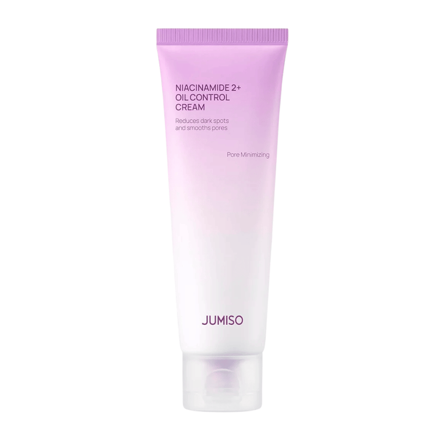 Produktbilde av JUMISO Niacinamide 2+ Oil Control Cream på lys bakgrunn. Den rosa og hvite tuben fremhever produktets fokus på talgkontroll, poreminimering og forbedret hudtone for fet og kombinert hud.