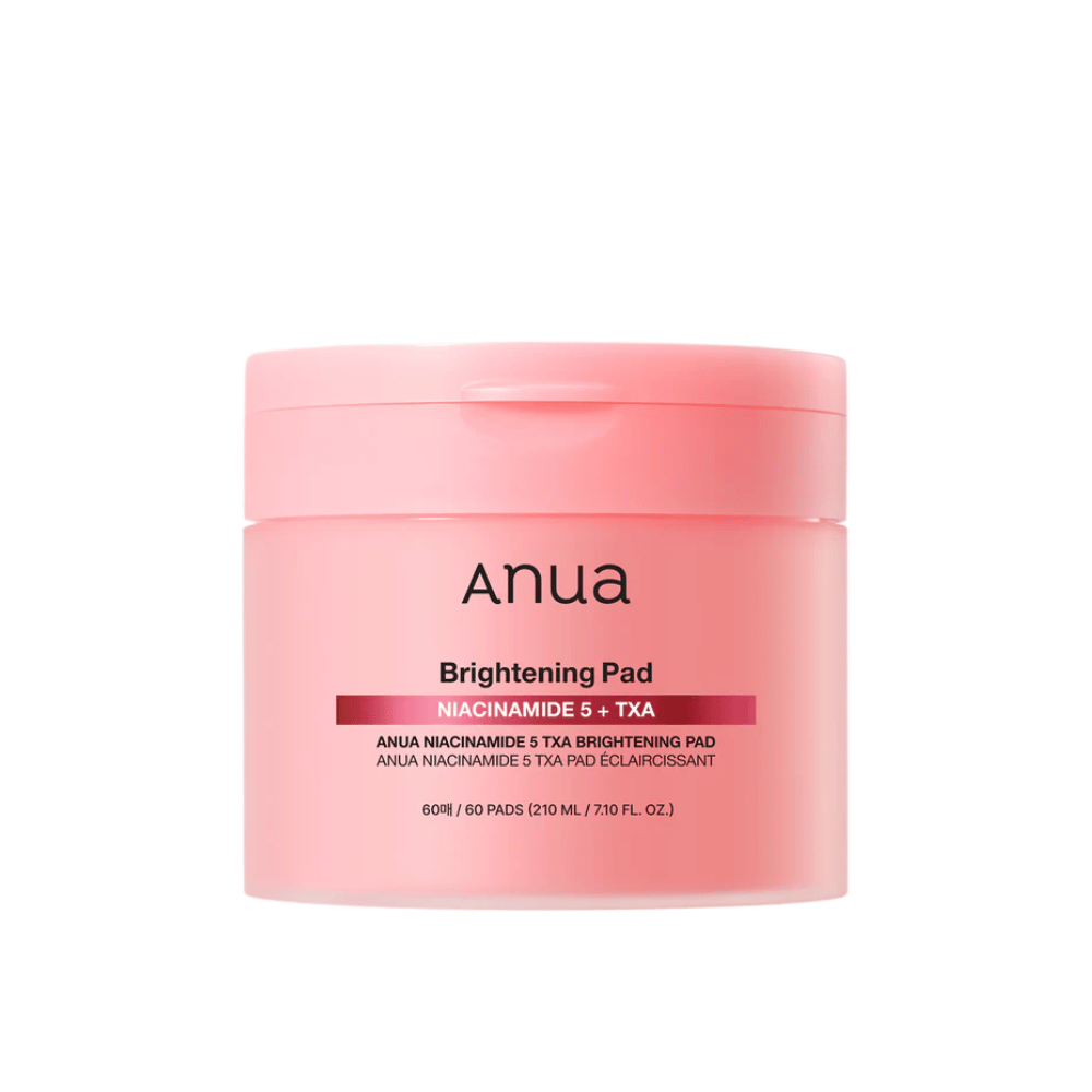 Rosa forpakning av Anua Brightening Pad med teksten "Niacinamide 5 + TXA", inneholder 60 pads for hudpleie med fokus på glød og jevnere hudtone.