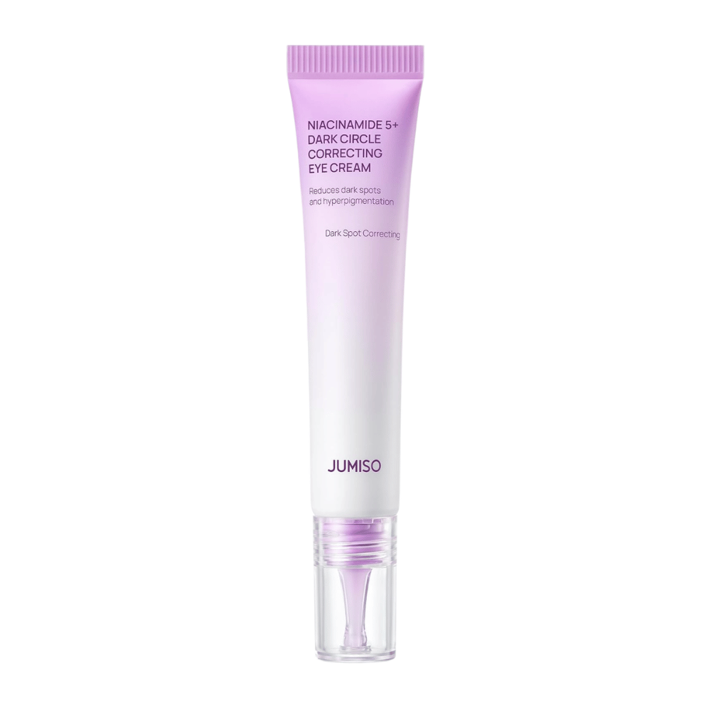 5. Jumiso Niacinamide 5+ Dark Circle Correcting Eye Cream – lilla og hvit tube med transparent applikator mot hvit bakgrunn