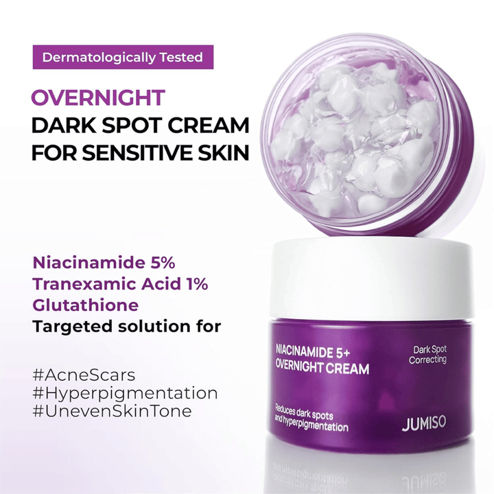 JUMISO Niacinamide 5+ Overnight Cream med åpen krukke som viser kapselgel-teksturen. Bildet fremhever ingredienser som niacinamid 5 %, traneksamsyre 1 % og glutation for pigmentering og ujevn hudtone.