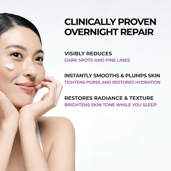 Modell påfører JUMISO Niacinamide 5+ Overnight Cream på kinnet. Bildet fremhever nattkremens pleiende egenskaper for å forbedre hudens glød, fuktbalanse og hudstruktur gjennom natten.