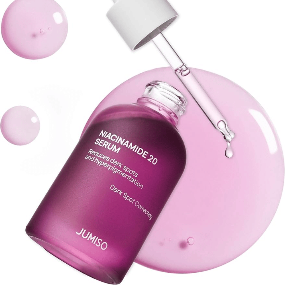 Nærbilde av Jumiso Niacinamide 20 Serum – lys rosa tekstur som effektivt lysner hudtonen og reduserer hyperpigmentering.