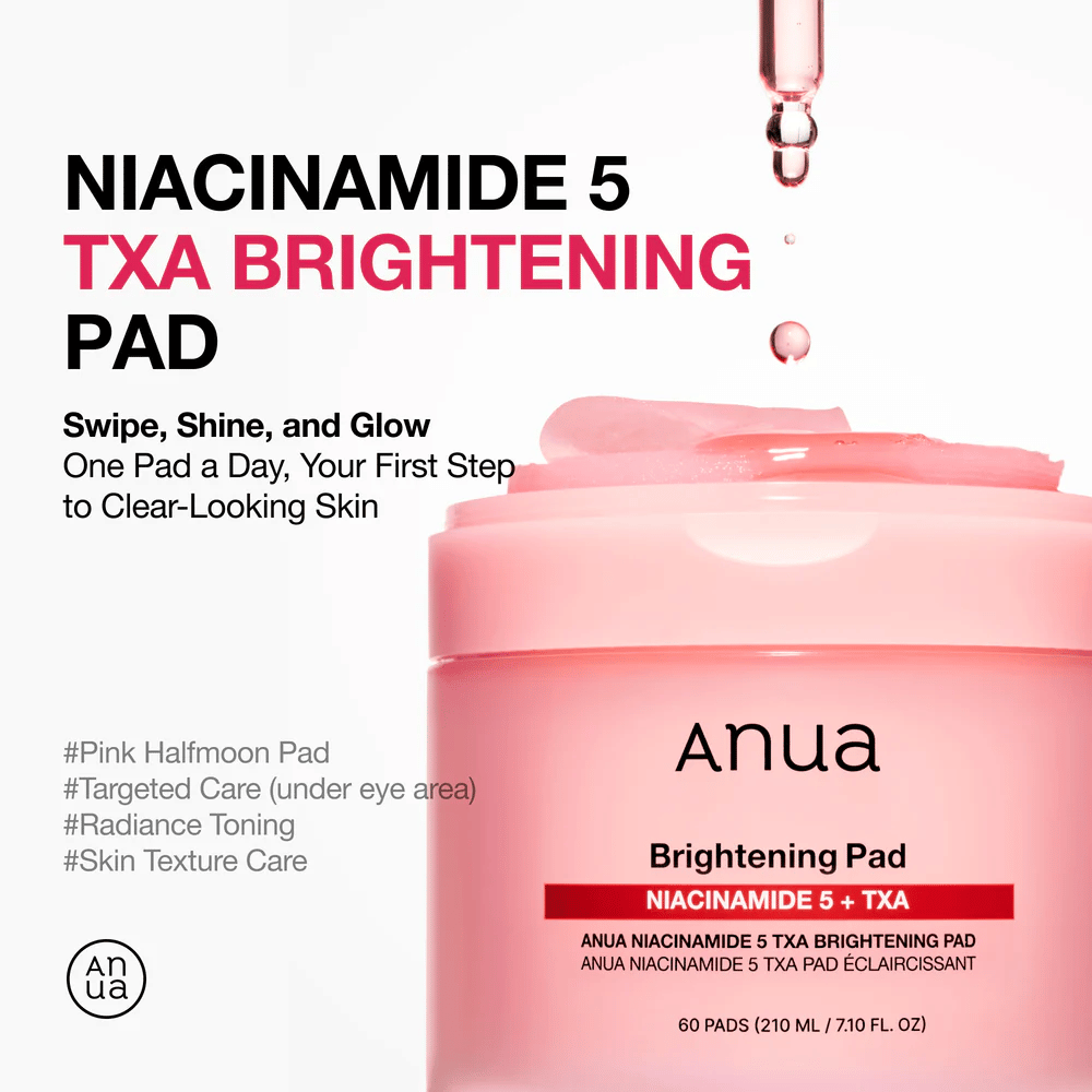 Rosa boks med Anua Niacinamide 5 TXA Brightening Pad og halvrunde pads, med tekst som fremhever glød, jevnere hudtone og målrettet pleie med niacinamide og traneksamsyre.