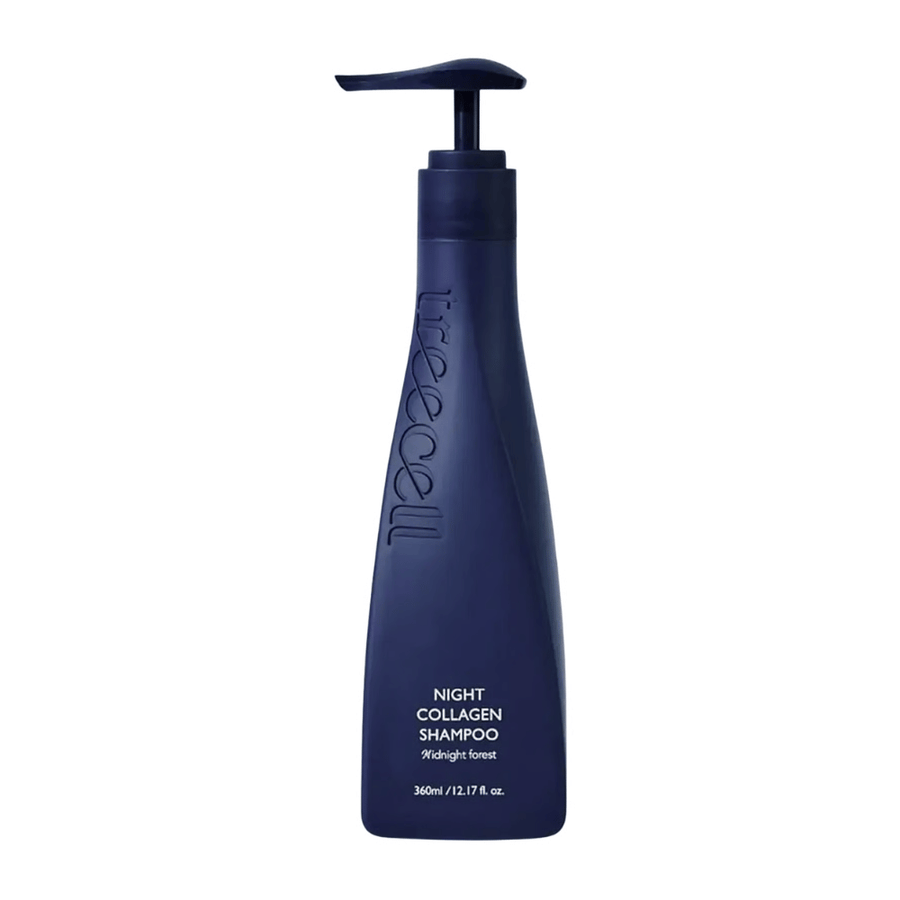 Stilrent frilagt produktbilde av Treecell Night Collagen Shampoo Midnight Forest mot lys bakgrunn med fokus på minimalistisk design og premiumfølelse.