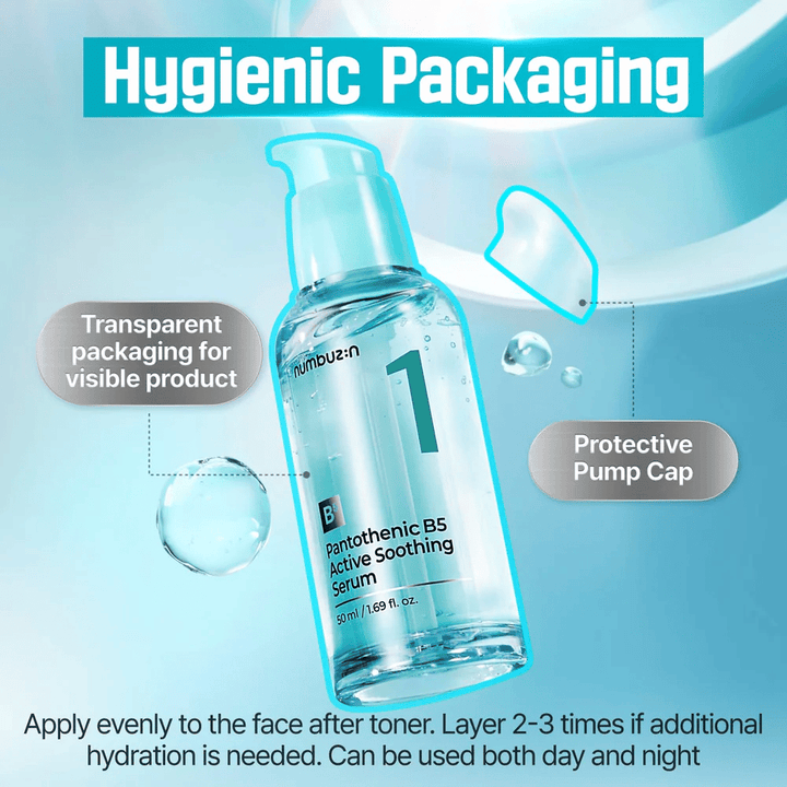 numbuzin No.1 Pantothenic B5 Active Soothing Serum 50 ml – beroligende B5-serum med hygienisk pumpe og transparent flaske for akneutsatt hud