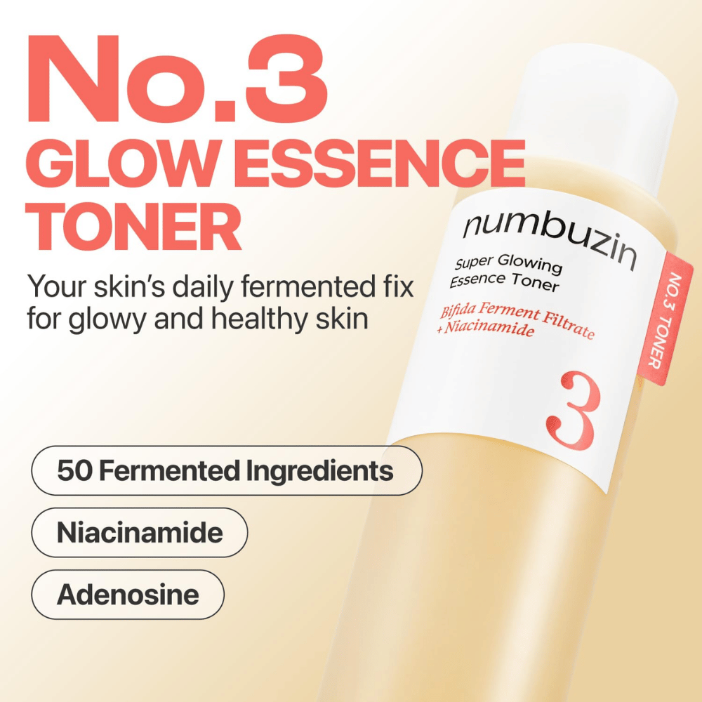 Numbuzin No.3 Glow Essence Toner – daglig fermentert essens for frisk, fuktet og strålende hud.