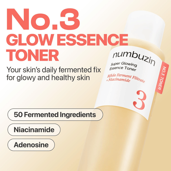 Numbuzin No.3 Glow Essence Toner – daglig fermentert essens for frisk, fuktet og strålende hud.