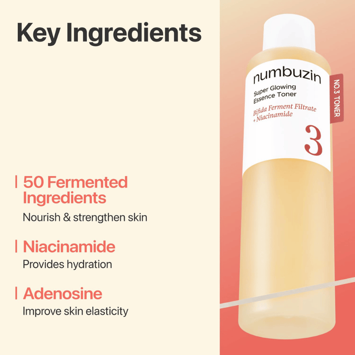 Numbuzin No.3 Toner inneholder 50 fermenterte ingredienser, niacinamid og adenosin som styrker og fukter huden.