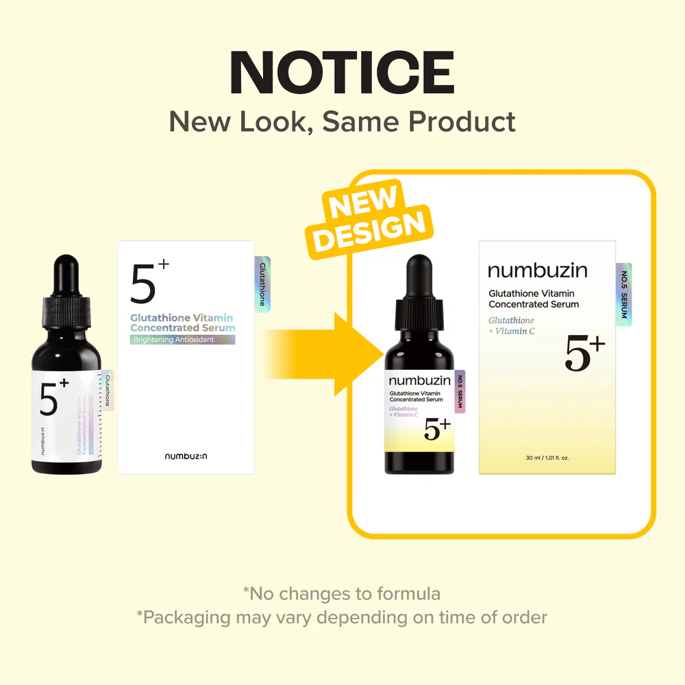 numbuzin No.5+ Glutathione Vitamin Concentrated Serum i ny emballasjedesign – samme formel for glød og jevnere hudtone.