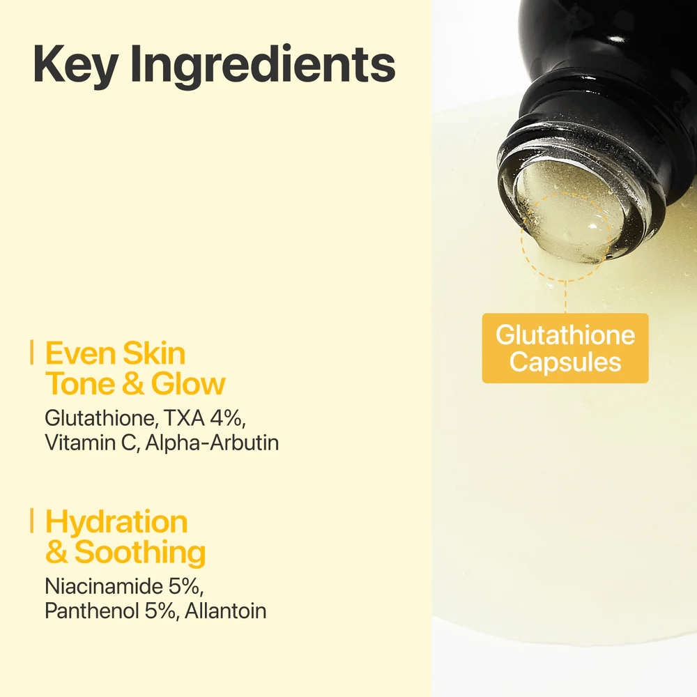 numbuzin No.5+ Glutathione Vitamin Concentrated Serum med glutation, 4 % traneksamsyre, vitamin C, alfa-arbutin, niacinamid og panthenol.