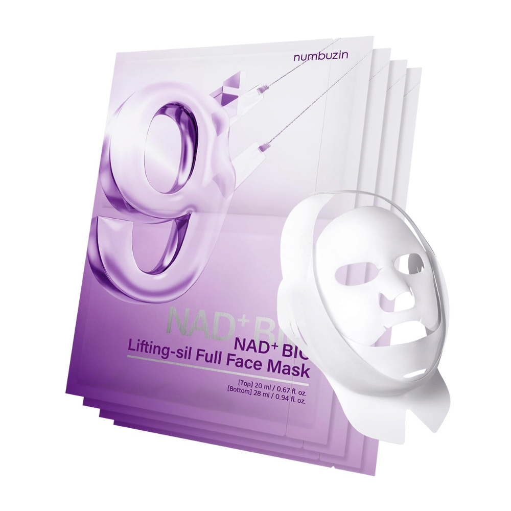 Emballasje med ansiktsmasker fra No.9 NAD Bio Lifting-sil, inkludert full ansiktsmaske i transparent materiale og emballasjen som viser produktets bruk for ansiktsløft.