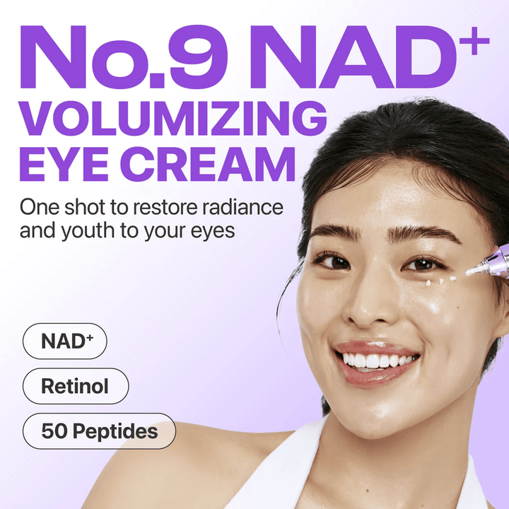 No.9 NAD+ Retinol Volumetox Eye Cream presentert som en volumgivende øyekrem som gjenoppretter glød og ungdommelig utseende rundt øynene.