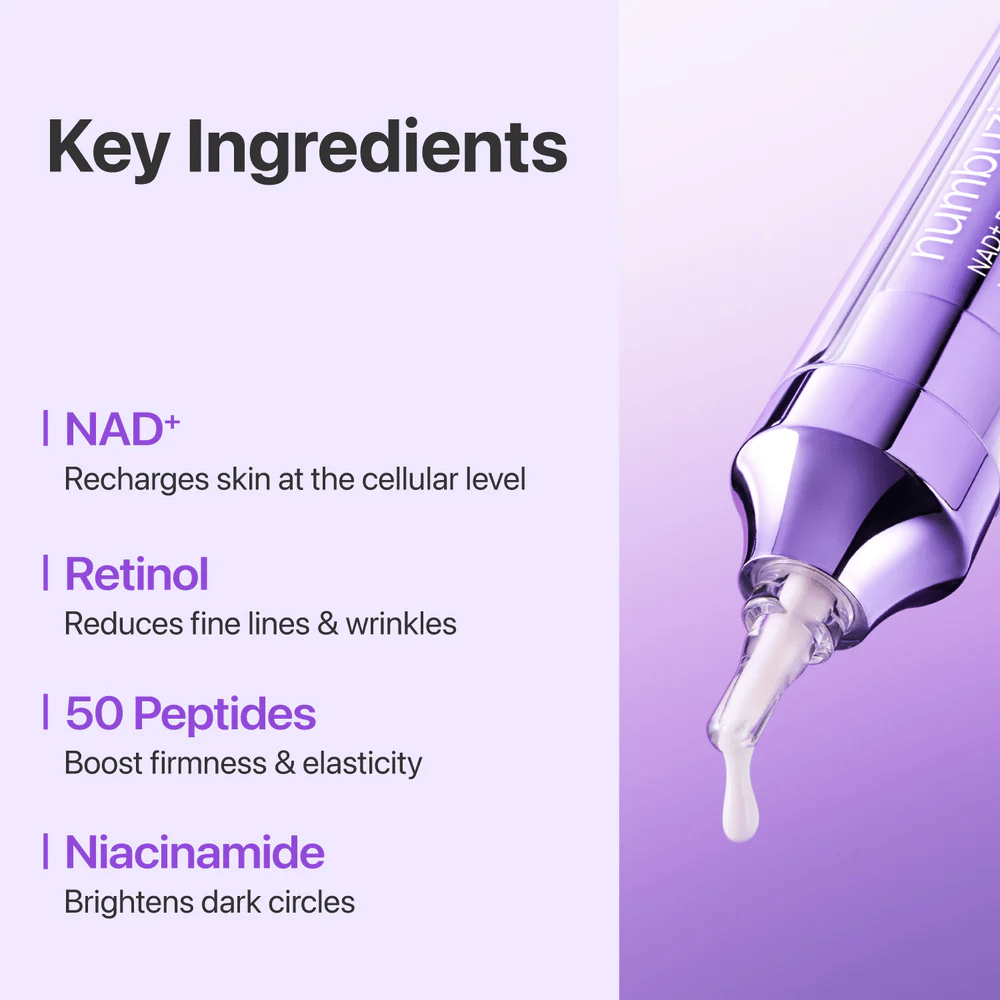 Nøkkelingredienser i No.9 NAD+ Retinol Volumetox Eye Cream, med NAD+, retinol, 50 peptider og niacinamid som hjelper til å styrke huden og redusere fine linjer.