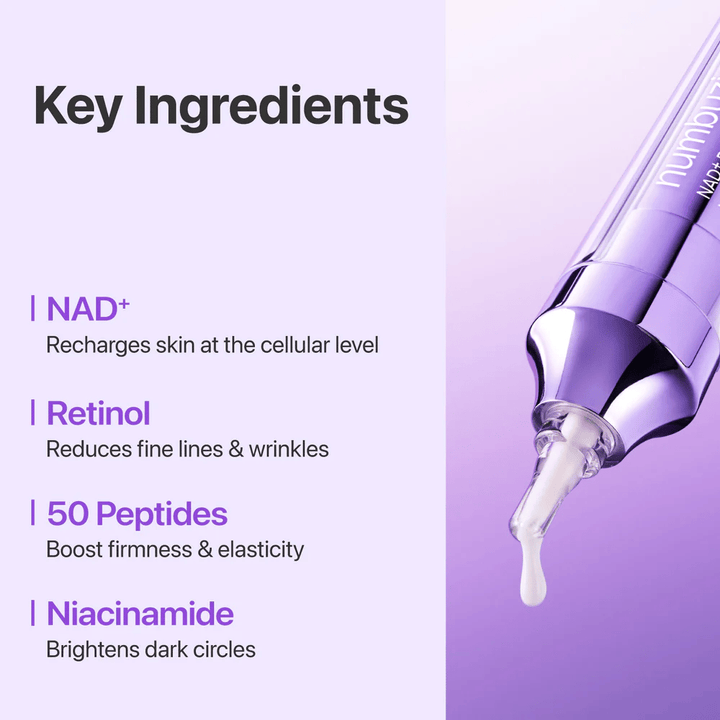 Nøkkelingredienser i No.9 NAD+ Retinol Volumetox Eye Cream, med NAD+, retinol, 50 peptider og niacinamid som hjelper til å styrke huden og redusere fine linjer.