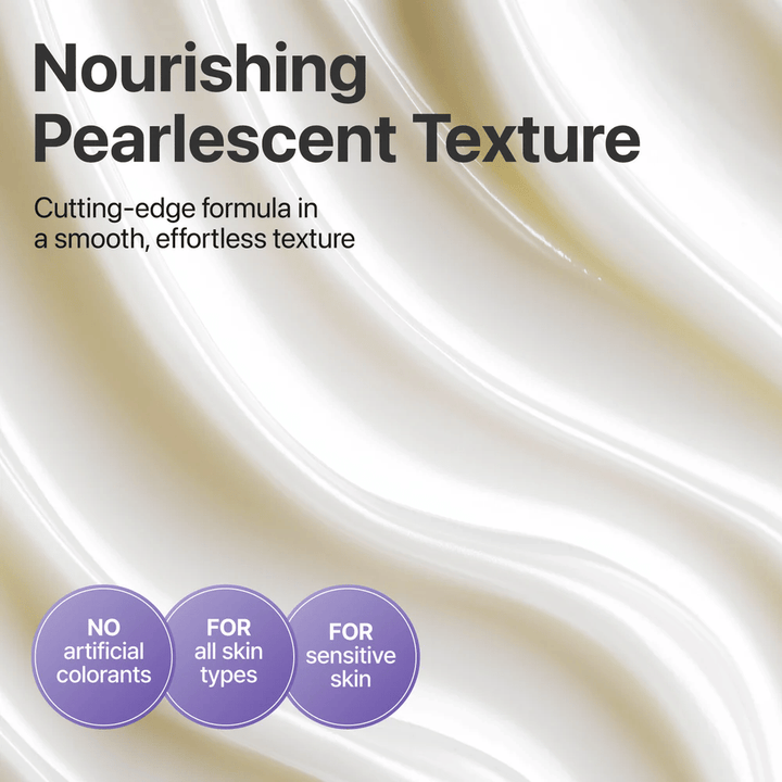 Nærbilde av den perlemorskimrende teksturen i No.9 NAD+ Retinol Volumetox Eye Cream, en nærende og myk øyekrem uten kunstige fargestoffer, egnet for sensitiv hud.
