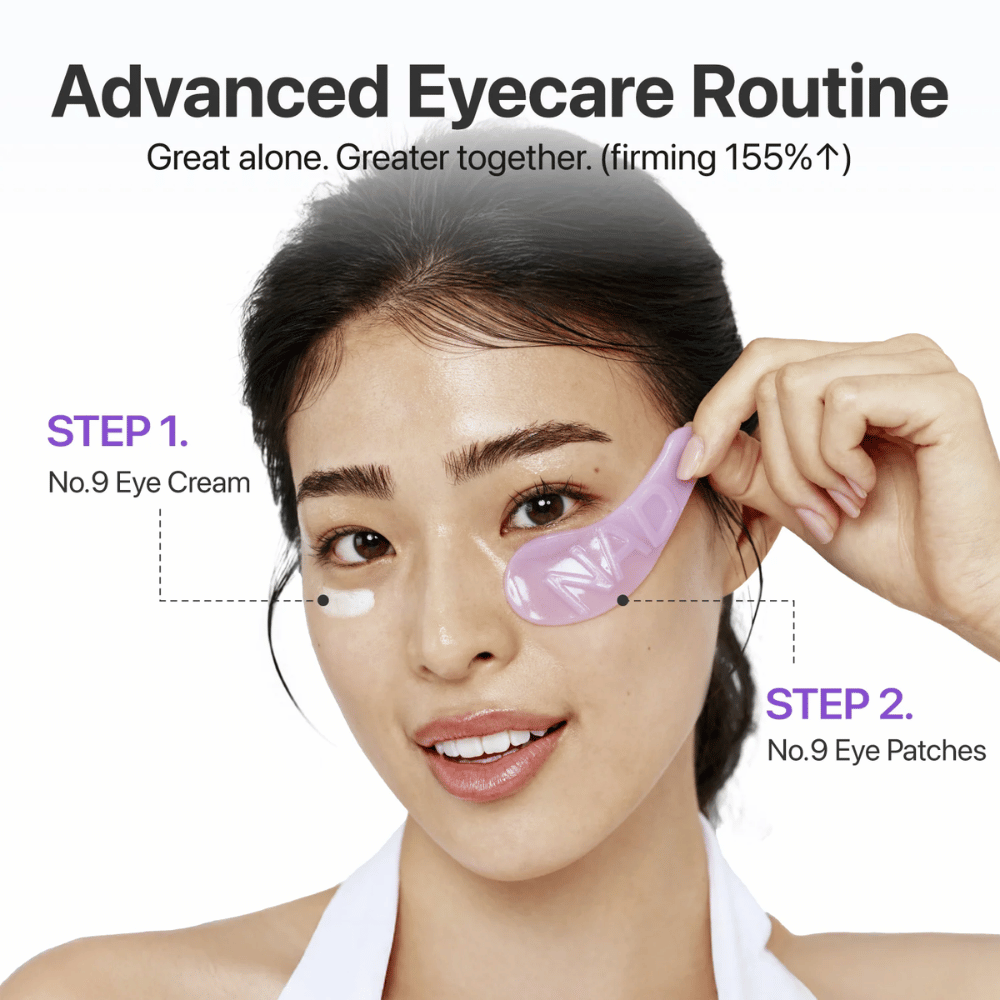 Påføring av numbuzen No.9 NAD+ Collagen Eye Patch steg for steg i øyepleierutine for fastere og mer opplagt hud.