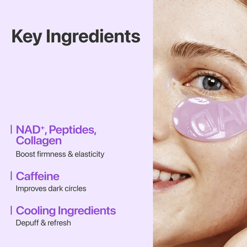 Nærbilde av numbuzen No.9 NAD+ Collagen Eye Patch – inneholder NAD+, kollagen og peptider som styrker og fukter huden under øynene.