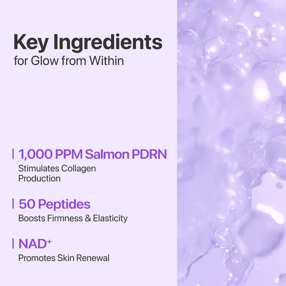 Tekst og bakgrunn viser de viktigste ingrediensene: 1000 ppm Salmon PDRN, 50 Peptides og NAD+ som styrker, fukter og fornyer huden.