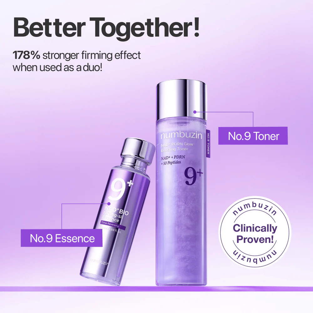 Numbuzin No.9 Toner og Essence vises sammen i lilla toner. Tekst: ”Better Together – 178% stronger firming effect when used as a duo.”
