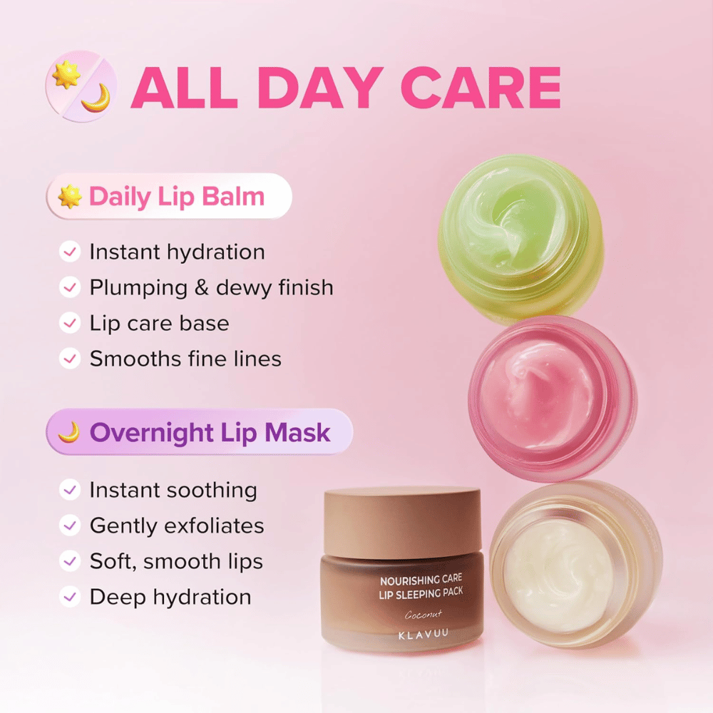 KLAVUU Nourishing Care Lip Sleeping Pack Coconut kan brukes som leppebalsam på dagtid eller intensiv leppemaske over natten for myke lepper.