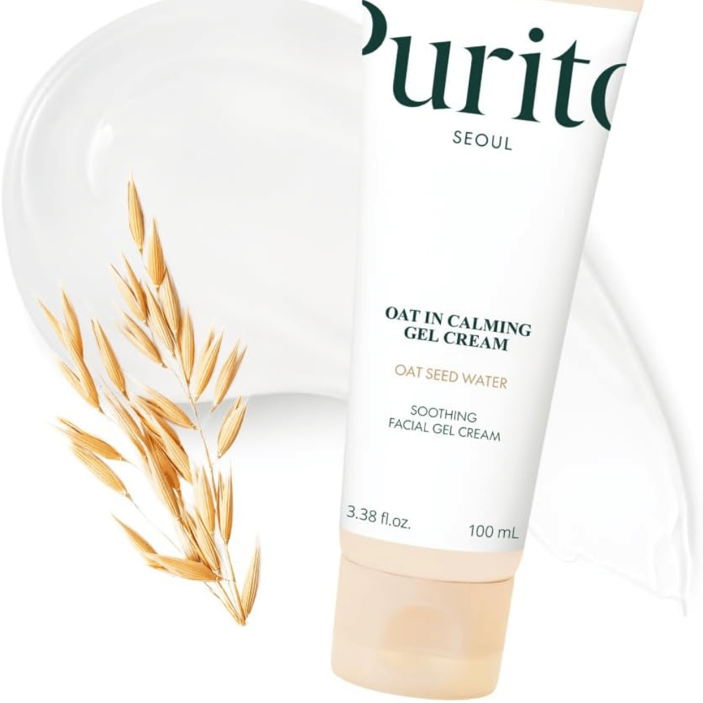 Purito Oat-In Calming Gel Cream med havre og kremstruktur. Fuktighetsgivende gelkrem med Oat Seed Water for myk, balansert hud.