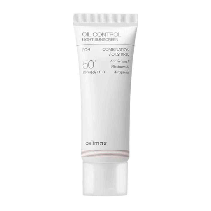 Celimax Oil Control Light Sunscreen SPF 50+ PA++++ produktbilde med fokus på formel og ingredienser som niacinamid for talgkontroll og jevnere hudtone