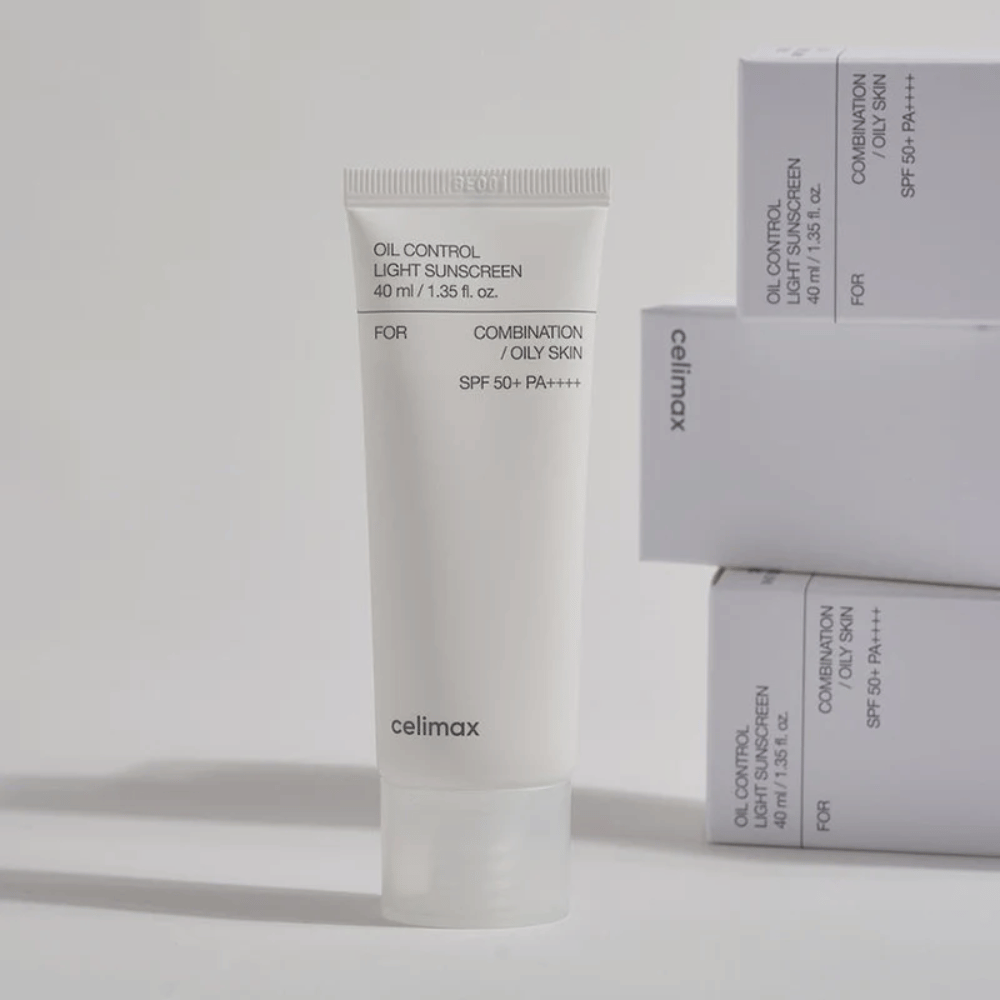 Celimax Oil Control Light Sunscreen SPF 50+ PA++++ i tube med minimalistisk design, solbeskyttelse for kombinert og fet hud som kontrollerer talg og gir matt finish