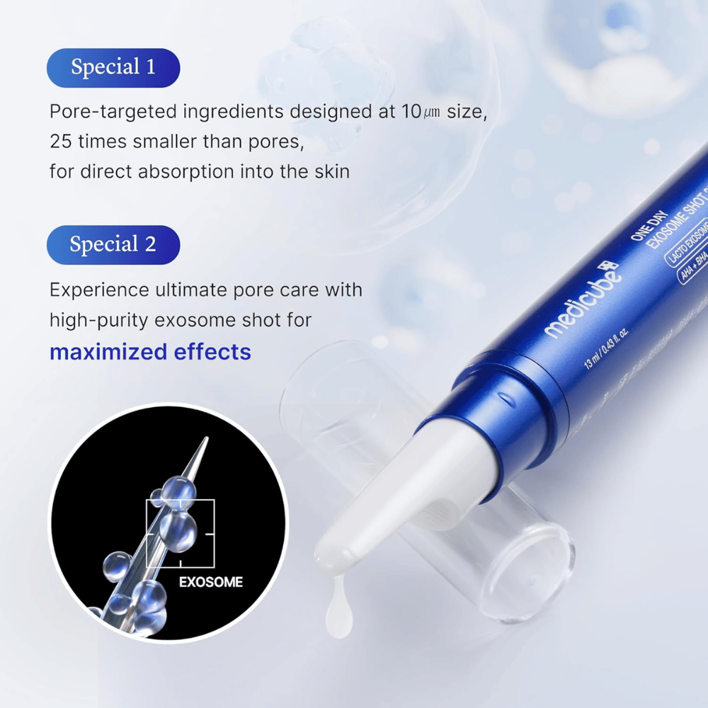 Medicube One Day Exosome Shot Pore Ampoule 25000 med eksosomer som forbedrer absorpsjon, minimerer porer og gir intensiv hudpleie
