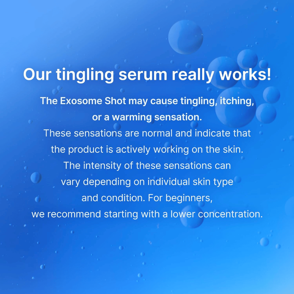 Exosome serum informasjon om prikkende følelse ved bruk som indikerer aktiv hudbehandling og anbefaling om å begynne med lavere konsentrasjon