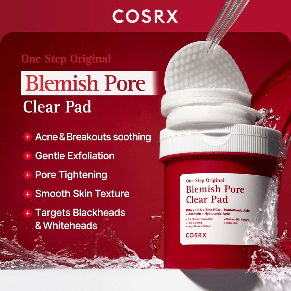 Produktbilde av COSRX One Step Original Blemish Pore Clear Pad med fokus på eksfoliering, poreforfining og pleie av akneutsatt hud.
