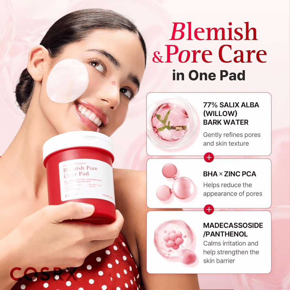 Produktbilde med modell og ingrediensfokus for COSRX One Step Original Blemish Pore Clear Pad med willow bark water, BHA, Zinc PCA og Madecassoside.