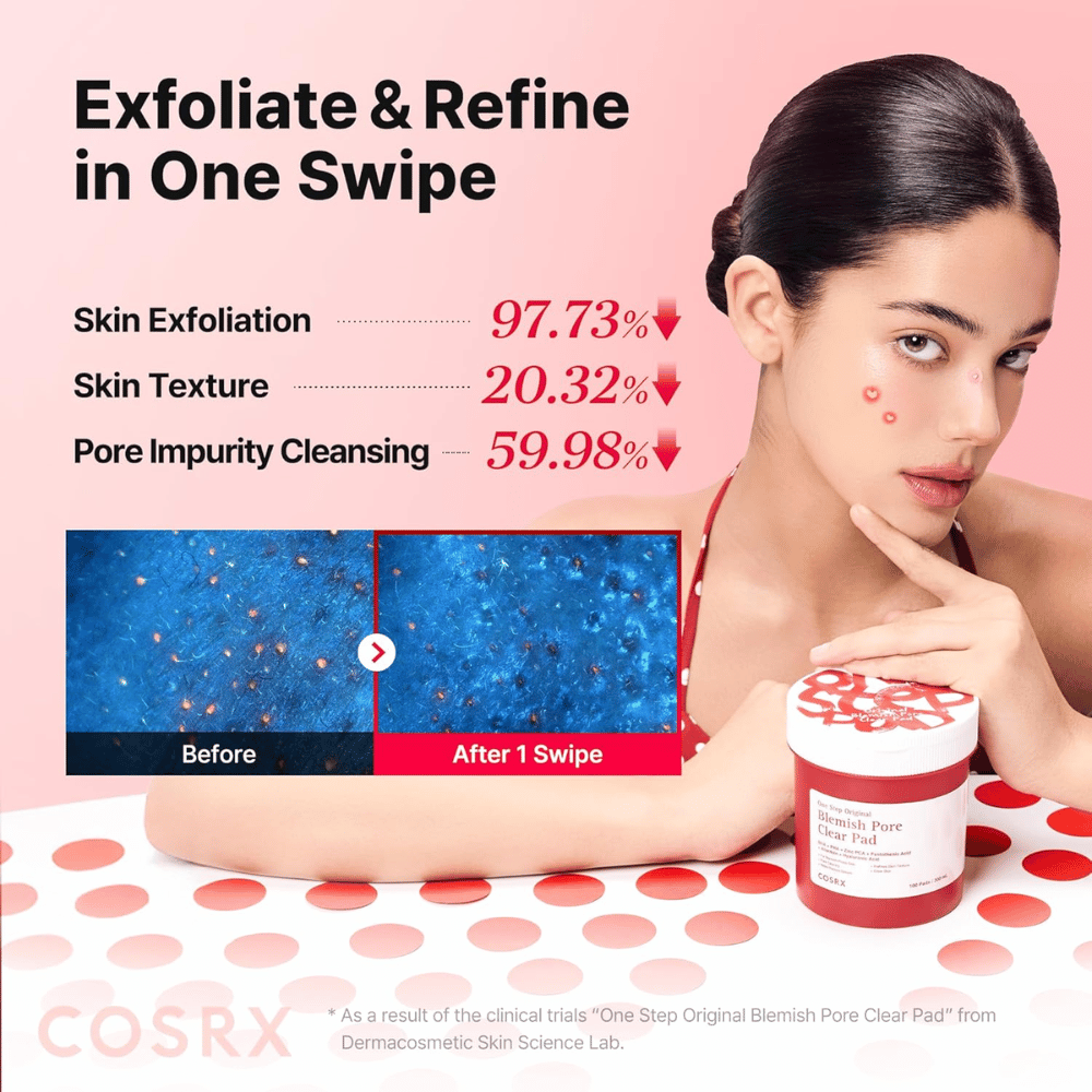Kampanjebilde for COSRX One Step Original Blemish Pore Clear Pad som viser eksfolierende effekt og rensing av porer etter kun én bruk.