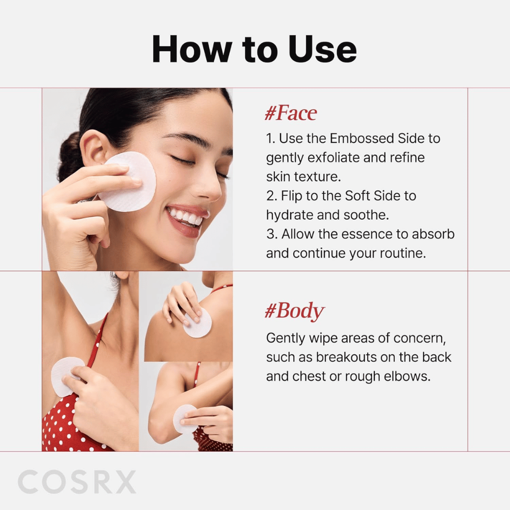 Instruksjonsbilde som viser hvordan COSRX One Step Original Blemish Pore Clear Pad brukes i ansiktet og på kroppen for eksfoliering og pleie.
