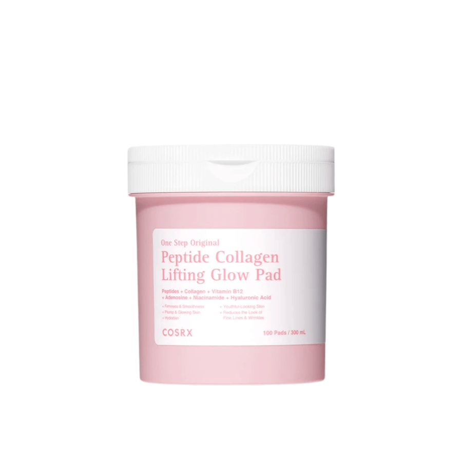Frilagt produktbilde av COSRX One Step Original Peptide Collagen Lifting Glow Pad i rosa emballasje mot lys bakgrunn.