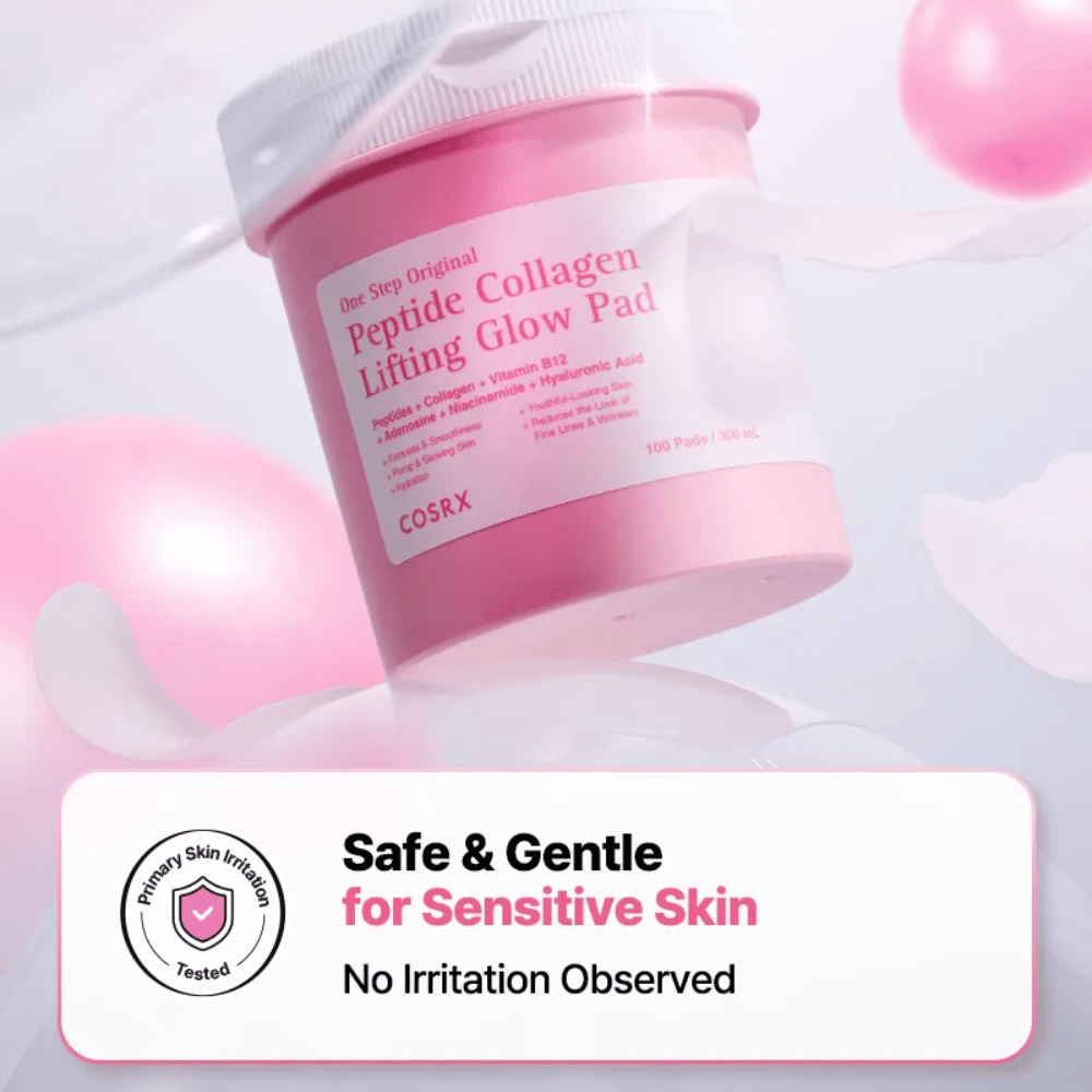 Produktbilde av COSRX One Step Original Peptide Collagen Lifting Glow Pad med budskap om skånsom formel for sensitiv hud og testet for lav irritasjon.