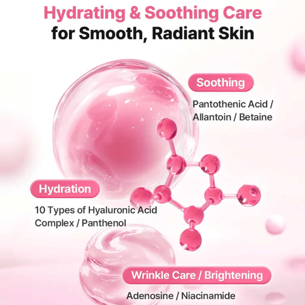Illustrativt ingrediensbilde for COSRX Peptide Collagen Lifting Glow Pad med fokus på fuktighet, beroligende effekt samt glødgivende ingredienser som hyaluronsyre, niacinamid og panthenol.
