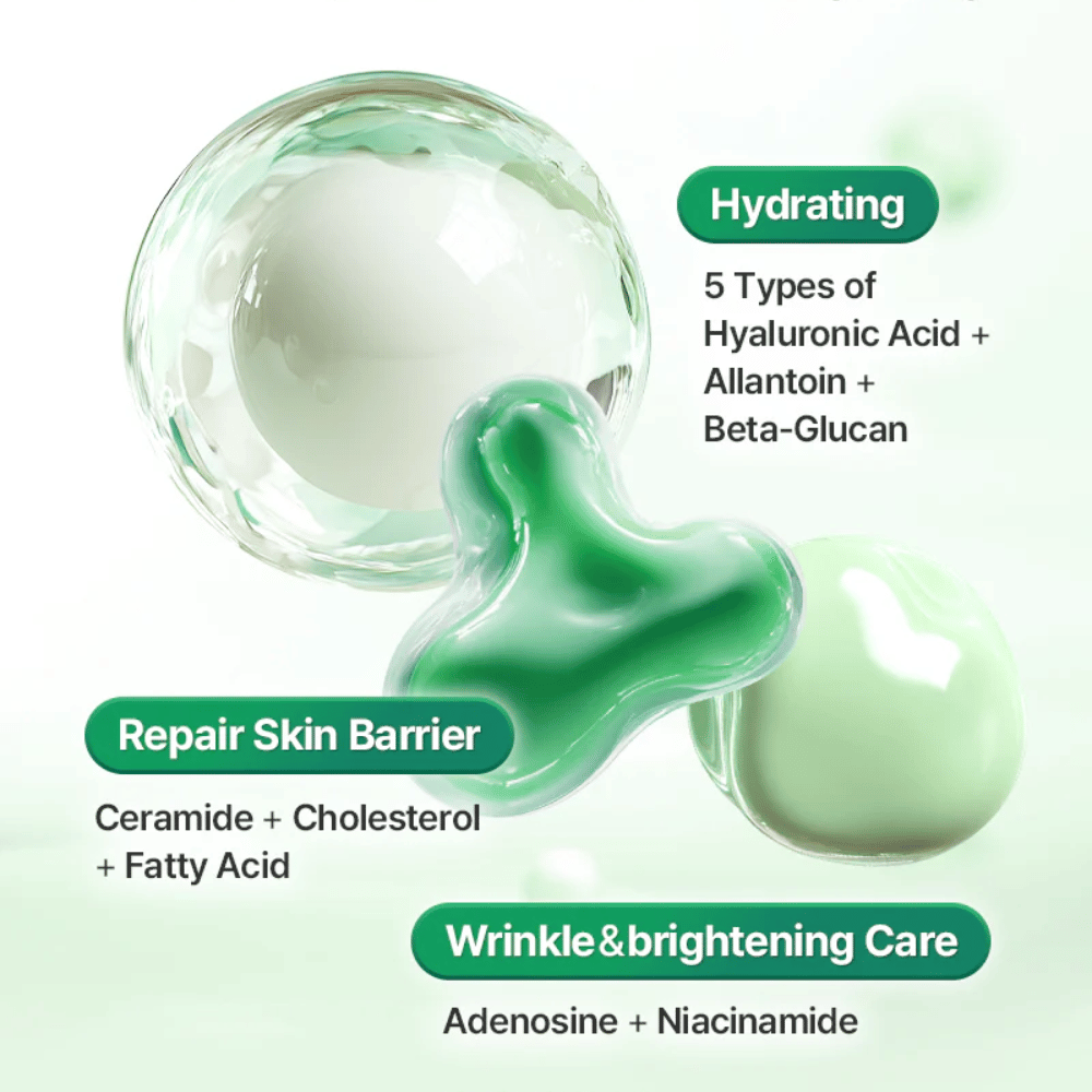Illustrativt bilde som viser ingredienser og hudfordeler i COSRX One Step Original Clear Skin Calming Pad, inkludert hyaluronsyre, ceramider og niacinamid.