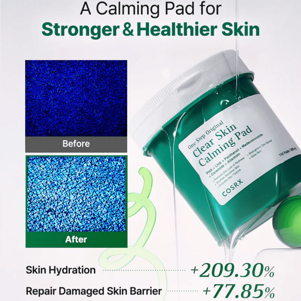 Kampanjebilde for COSRX One Step Original Clear Skin Calming Pad som viser forbedret fuktighet og styrket hudbarriere etter bruk.