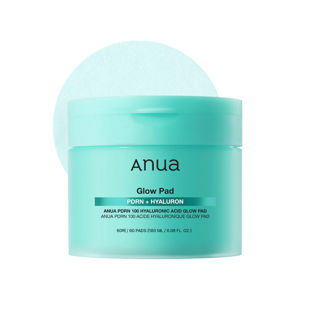 Anua PDRN 100 Hyaluronic Acid Glow Pad i turkis emballasje med opphevet pad – fuktighetsgivende toner pads for daglig fuktighet og glød.
