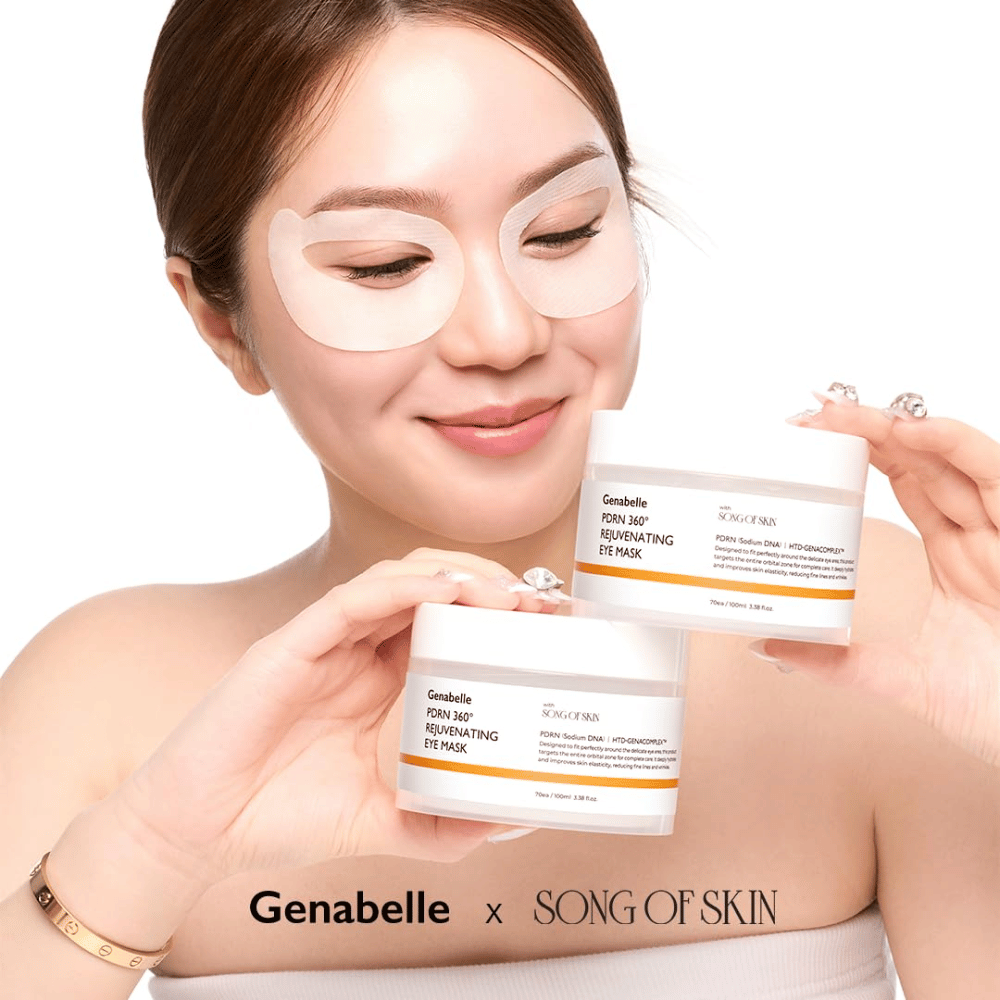 Genabelle PDRN 360° Rejuvenating Eye Mask påført rundt hele øyeområdet for fuktighet, økt elastisitet og et friskere blikk.