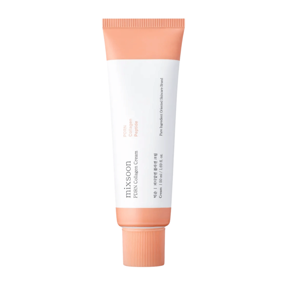 Mixsoon PDRN Collagen Cream i hvit og ferskenfarget tube, 50 ml. En fuktighetsgivende og kollagenboostende krem for glatt og ungdommelig hud.