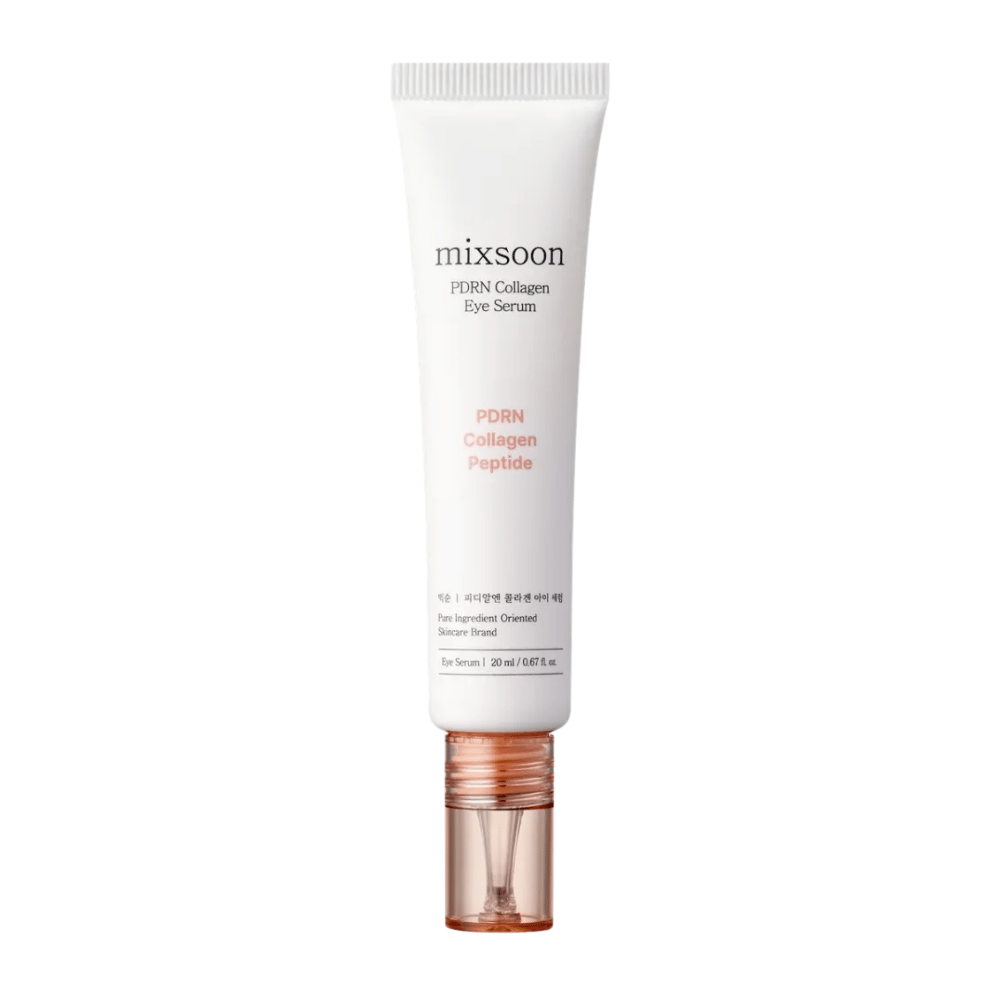 Mixsoon PDRN Collagen Eye Serum i hvit og ferskenfarget tube med gjennomsiktig applikator. Et fuktighetsgivende og oppstrammende øyeserum, 20 ml.